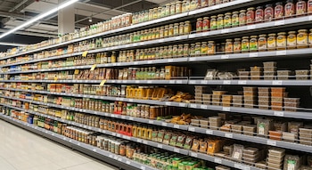 Pasillo de supermercado con estantes metálicos llenos de envases de vidrio, plástico y paquetes de especias, condimentos y productos alimenticios secos.
