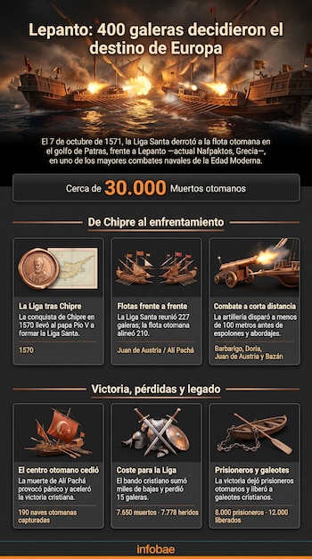 Infografía con ilustraciones de navíos de guerra, un mapa antiguo, cañones y bloques de texto explicativos con datos.