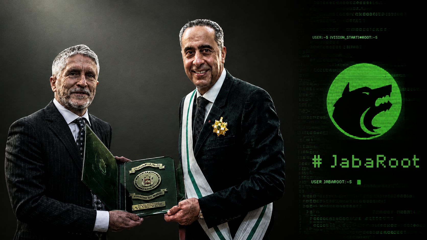 El ministro Fernando Grande-Marlaska posa con Abdellatif Hammouchi junto a la gráfica del grupo cibernético JabaRoot.