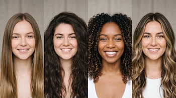 Cuatro retratos en fila de mujeres con diferentes tipos de cabello: lacio claro, oscuro ondulado, rizado oscuro y castaño con mechas claras.