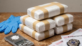 Primer plano de seis paquetes de cocaína envueltos, guantes azules, una balanza digital con polvo blanco y documentos de evidencia sobre una mesa de madera.