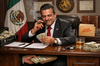 Hombre con traje, billetes de cien dólares, puro, maleta con dinero, bandera de México, sellos, vaso de whisky, sobre "Soborno Confidencial", mano con billetes.