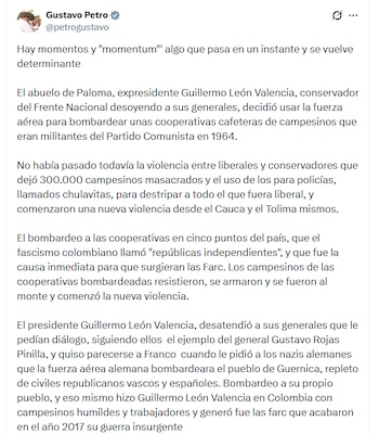 Petro questionou a mensagem de Paloma Valencia e a expressou como uma ameaça à estratégia de negociação com grupos armados - crédito @petrogustavo/X