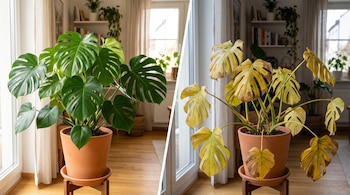 Fotografía dividida que muestra una monstera verde en maceta a la izquierda y la misma planta con hojas amarillas y secas a la derecha.