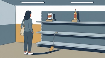Ilustración de una mujer de espaldas frente a una estantería casi vacía con un paquete, una botella y una etiqueta que cae al suelo.
