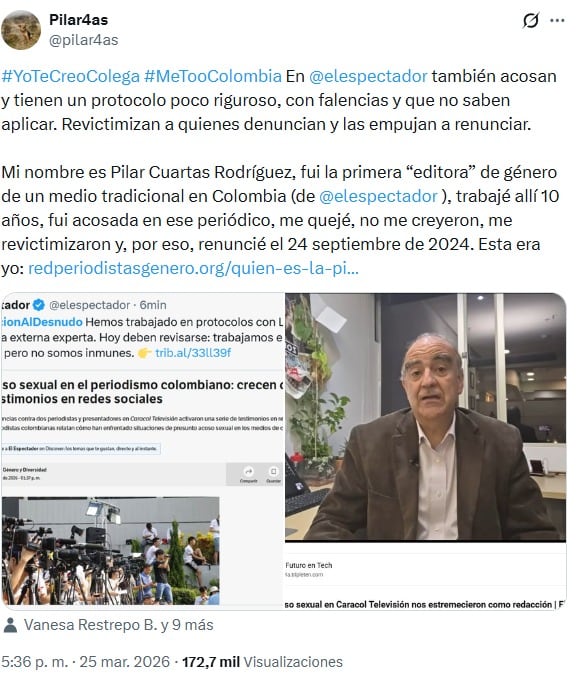 La periodista Pilar Cuartas Rodríguez denuncia fallas en protocolos internos de El Espectador - crédito @pilar4as/X