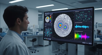 Un hombre con bata de laboratorio observa una pantalla médica con una biopsia digital, mapas de calor, redes neuronales y gráficos de datos en un laboratorio moderno.
