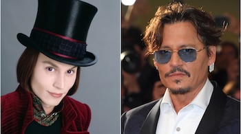 Una imagen dividida con un hombre disfrazado de Willy Wonka a la izquierda y el mismo hombre con gafas de sol, barba y bigote a la derecha.
