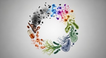 Representación abstracta de la economía circular con formas orgánicas, cápsulas y fibras surgiendo de emisiones oscuras en una espiral colorida sobre fondo blanco.