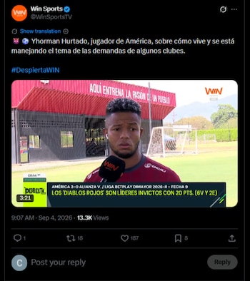 El defensor expresó su tranquilidad por lo ocurrido, y habló del apoyo por parte del América-crédito @WinSportsTV/X