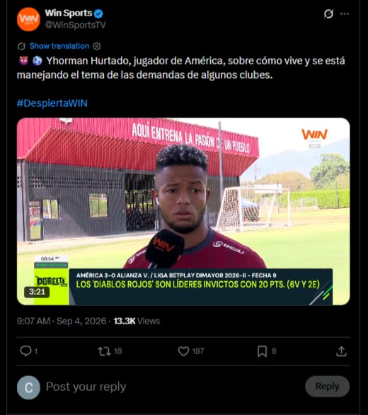 El defensor expresó su tranquilidad por lo ocurrido, y habló del apoyo por parte del América-crédito @WinSportsTV/X