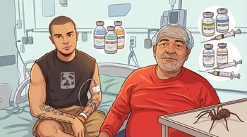 Ilustración de dos hombres en un hospital: un joven con goteo intravenoso en el brazo y un hombre mayor sentado. Se ven frascos de antídoto, jeringas y una araña oscura con forma de reloj de arena rojo en una mesa.
