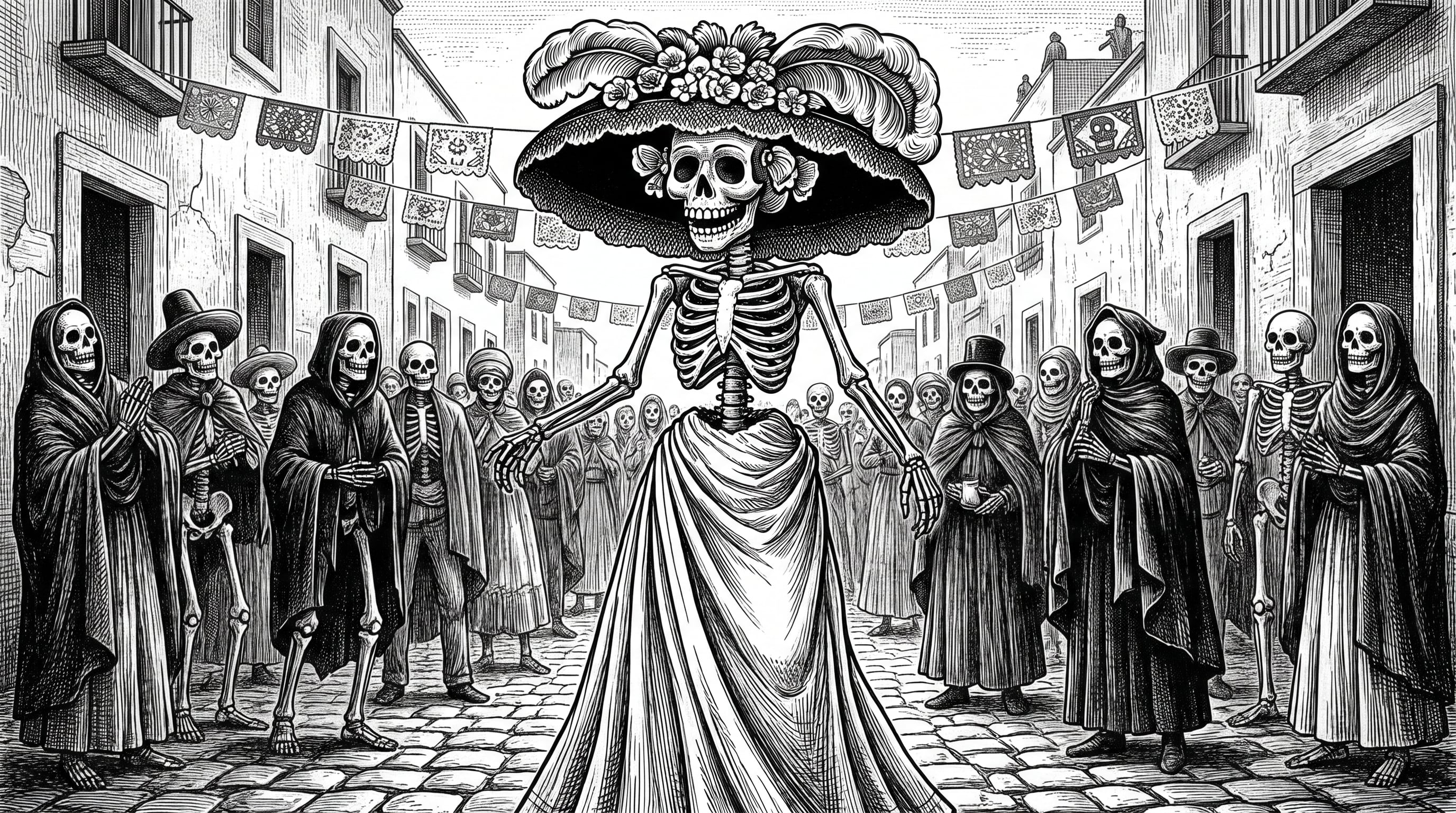 Una figura de La Catrina con sombrero de plumas camina por una calle empedrada ante un grupo de esqueletos vestidos con mantos y sombreros. (Imagen Ilustrativa Infobae)
