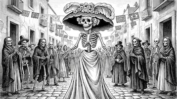 Grabado en blanco y negro de un esqueleto con vestido y sombrero en una calle empedrada junto a varios esqueletos con capas y adornos de papel.
