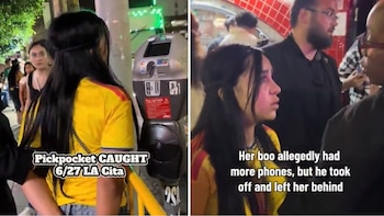 Mujer con camiseta de Colombia fue detenida en un bar deLos Ángeles, Estados Unidos, por un presunto robo de celulares: todo quedó en video