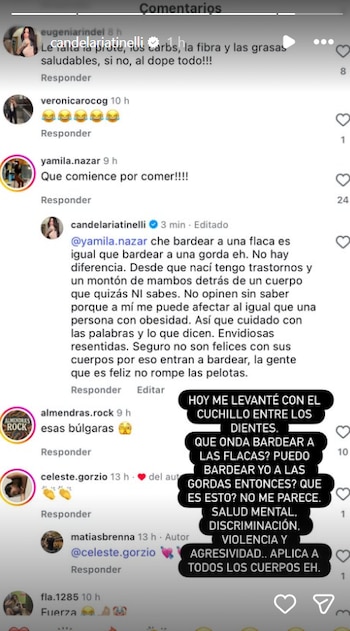 Cande Tinelli compartió su rutina de ejercicios y apuntó contra los comentarios sobre su físico: "Cuidado con las palabras"