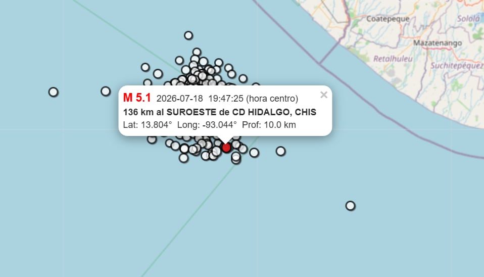 Sismo de 5.1 en Ciudad Hidalgo, Chiapas este 18 de julio. (Servicio Sismológico Nacional)