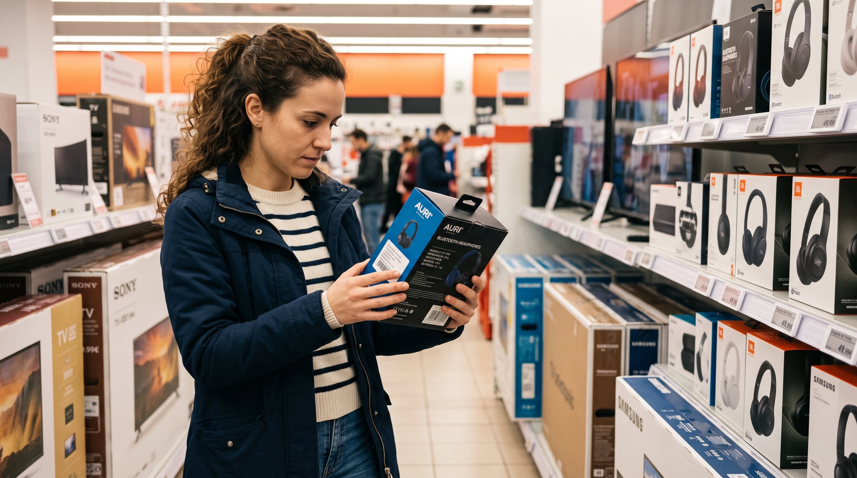 Una consumidora examina las especificaciones en la caja de unos auriculares inalámbricos en el pasillo de una tienda de electrónica. (Imagen Ilustrativa Infobae)