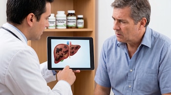Un médico con estetoscopio muestra a un paciente una tableta con una ilustración de un hígado con manchas oscuras, indicando enfermedad.