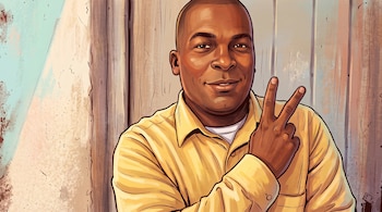 Ilustración de un hombre sonriente de tez oscura con camisa amarilla que hace la señal de la paz con los dedos frente a una pared.