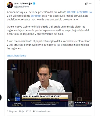 El representante Juan Pablo Rojas celebró la decisión de la Cámara de aprobar la proposición de trasladar el Congreso para la posesión de Abelardo de la Espriella en Cali - crédito @juanpabloroj/X