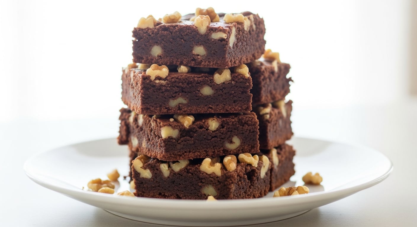 Una torre de brownies húmedos de cacao y garbanzo, cortados en cuadrados y apilados en un plato blanco, están delicadamente decorados con nueces en un fondo luminoso. (Imagen Ilustrativa Infobae)