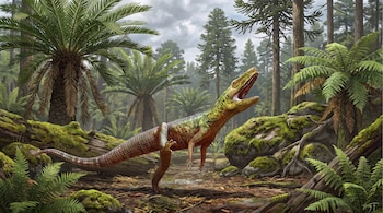 Ilustración de un reptil verde y marrón con boca abierta, de pie en un bosque de árboles coníferos, cícadas, helechos y troncos con musgo bajo cielo nublado.
