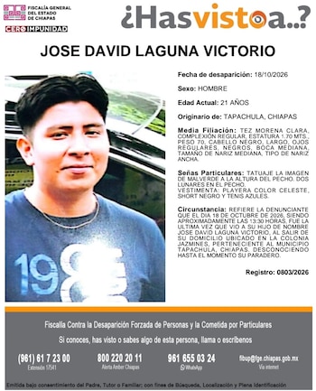 José David salió de su domicilio en la colonia Jazmines el 18 de octubre, alrededor de las 13:30 horas. (Crédito: fiscalía de Chiapas)