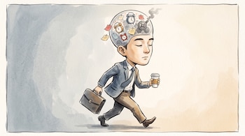 Un hombre con traje camina con maletín y vaso de café, con los ojos cerrados y una cabeza transparente con relojes, notas adhesivas y engranajes.
