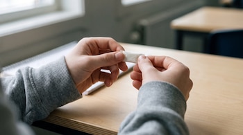 Manos de un joven en sudadera gris sujetan una bolsa rectangular de nicotina blanca sobre un pupitre de madera con un cuaderno y ventana al fondo.