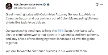 Reunión del director del IBF con fiscal Luz Adriana Camargo - crédito @FBIDirectorKash/X