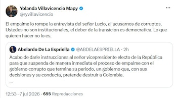 Rosa Villavicencio aseguró que “el empalme lo rompe la entrevista de Carlos Lucio”, donde dijo que el Gobierno entrante pediría extradición de Gustavo Petro - crédito @ryvillavicencio/X