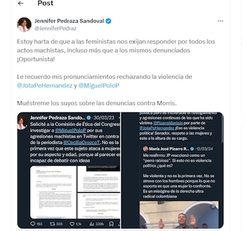Jennifer Pedraza le recordó a Beto Coral pronunciamientos que ella ha hecho por conductas machistas de otros congresistas - crédito @JenniferPedraz