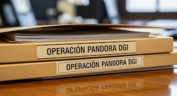 Dos carpetas marrones apiladas sobre un escritorio de madera. Las carpetas tienen etiquetas que dicen 'Operación Pandora DGI'. Hay papeles dentro de la carpeta superior.