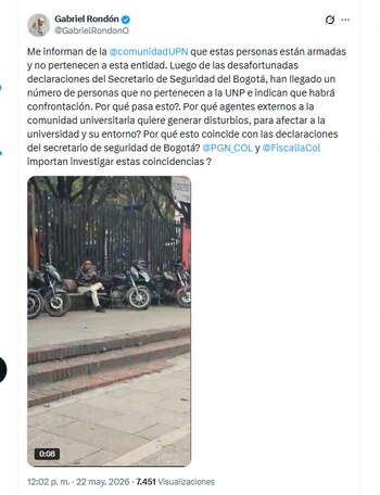 El viceministro de Diálogo Social del Ministerio del Interior, Gabriel Rondón, se refirió a la presencia de hombres armados en la Universidad Pedagógica - crédito @GabrielRondonO/X