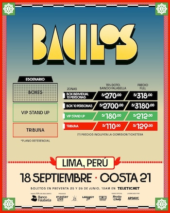 Afiche del concierto de Bacilos con el nombre de la banda, la fecha 18 de septiembre, el lugar Lima, Perú, Costa 21, y precios de entradas