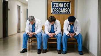 Tres hombres con vestimenta médica azul y batas blancas están sentados en sillas de madera con la cabeza inclinada hacia el suelo.