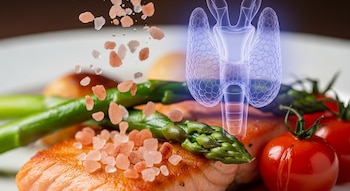 Cristales de sal rosa del Himalaya caen sobre salmón con espárragos y tomates cherry. Se superpone una ilustración translúcida de la glándula tiroides.