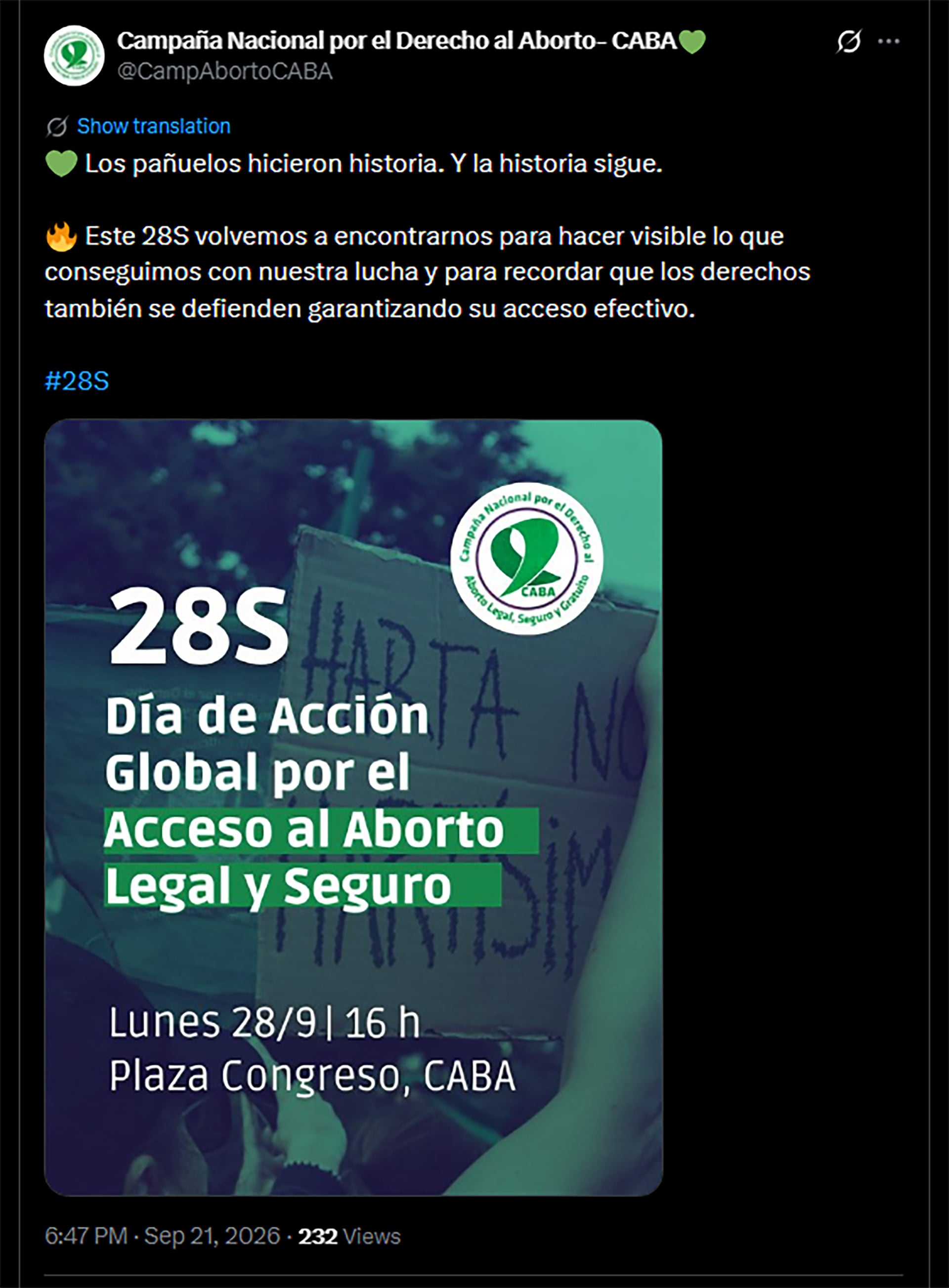 La Campaña Nacional por el Derecho al Aborto de la Ciudad de Buenos Aires convoca a una concentración el 28 de septiembre en Plaza Congreso por el Día de Acción Global por el Aborto Legal