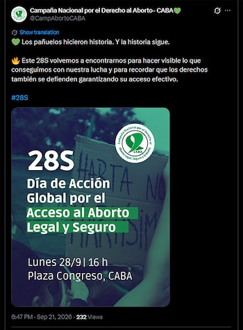 Captura de pantalla de una publicación en redes sociales que incluye un afiche digital de la Campaña Nacional por el Derecho al Aborto