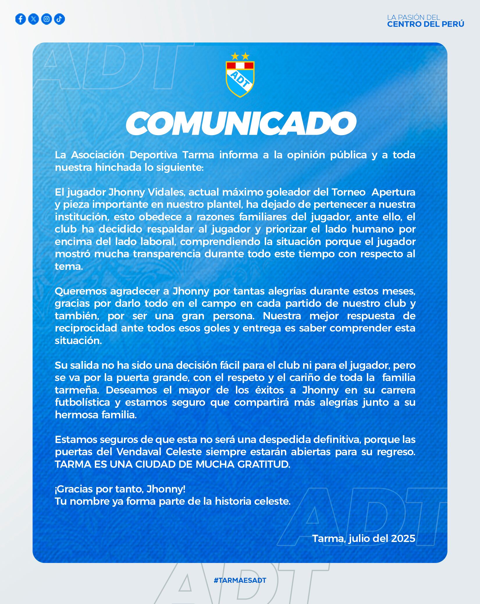 Comunicado de ADT sobre la desvinculación de Jhonny Vidales.
