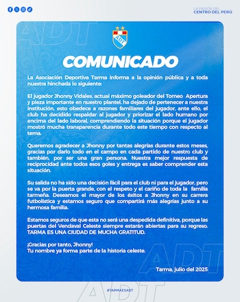 Comunicado de ADT sobre la desvinculación de Jhonny Vidales.