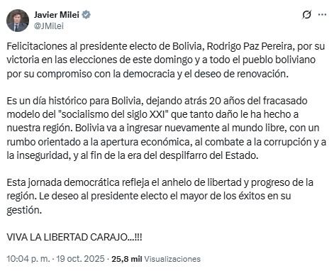 Javier Milei felicitó a Rodrigo Paz por su triunfo en la histórica segunda vuelta presidencial de Bolivia