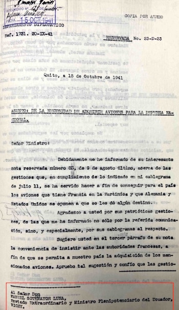Comunicación del Canciller Julio Tobar Donoso para la legación ecuatoriana en Vichy.