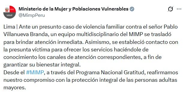 El Ministerio de la Mujer y Poblaciones Vulnerables (MIMP) desplegó un equipo multidisciplinario para atender y ofrecer servicios a Pablo Villanueva Branda, conocido como Melcochita, por un presunto caso de violencia familiar (Twitter (X))