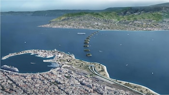 Recreación aérea de la propuesta, con una cadena de islas artificiales sobre el estrecho y los accesos del túnel en la costa de Mesina (Angelo Renna)