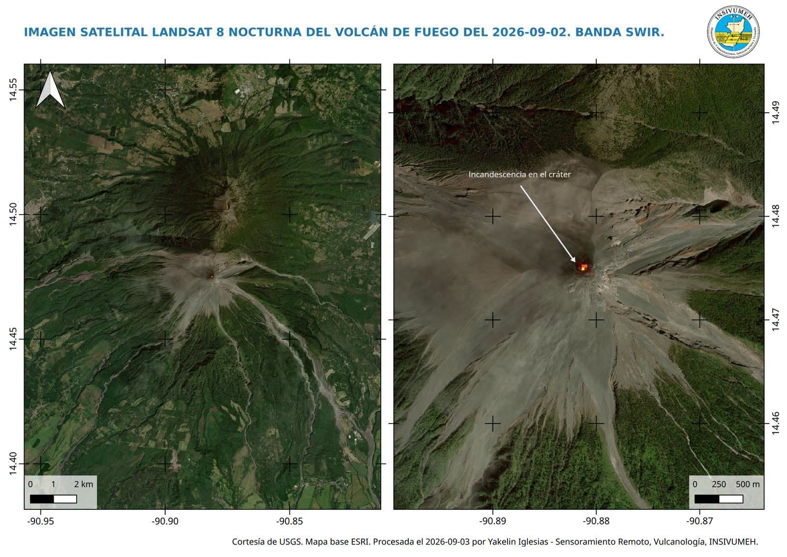 Un informe del Insivumeh con imágenes del satélite Landsat 8 detecta incandescencia en el cráter del Volcán de Fuego en Guatemala. (Insivumeh)