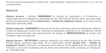 JEE declara inadmisible lista presidencial