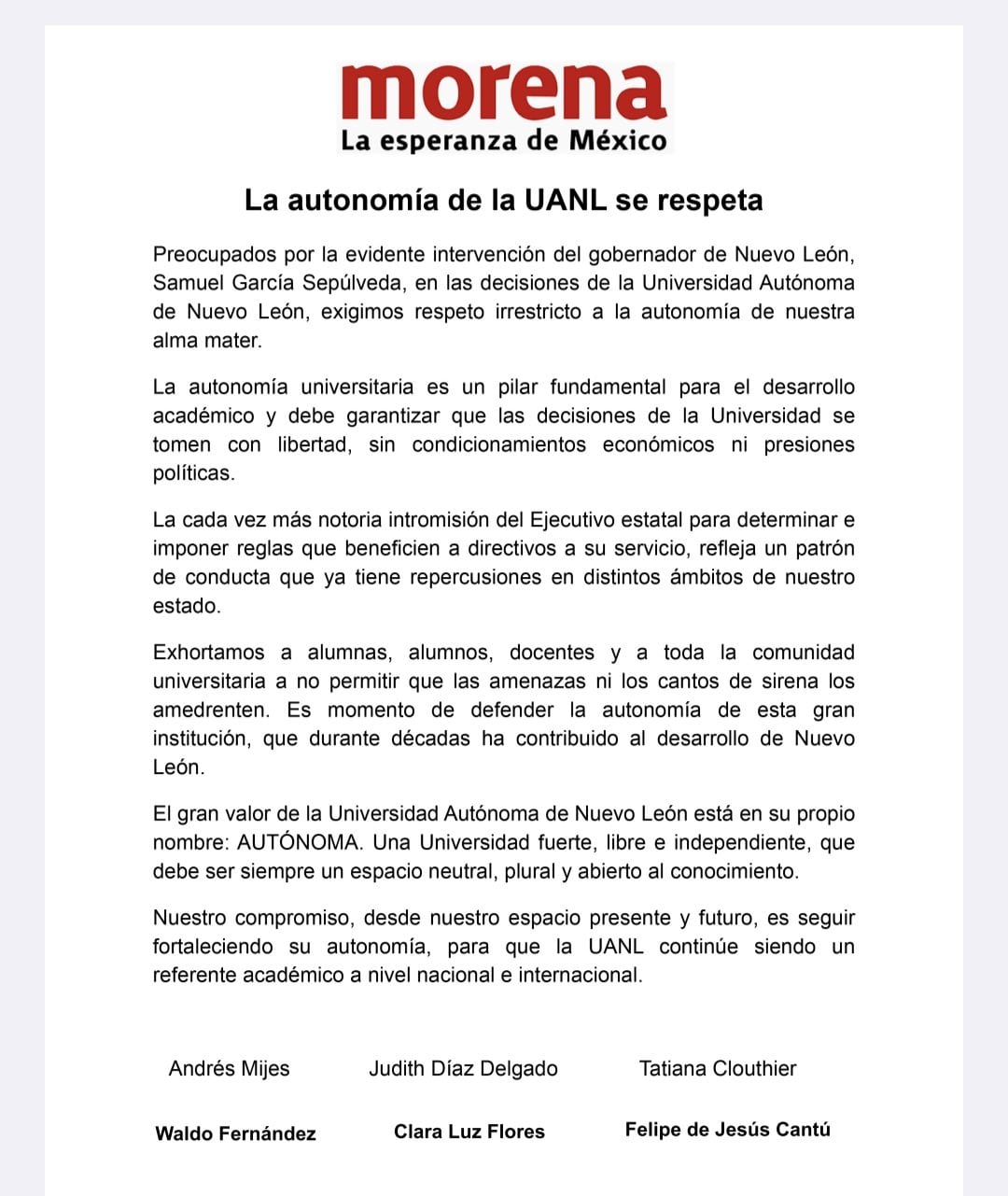 Los aspirantes al gobierno de Nuevo León, por Morena, publicaron una carta sobre la situación de la UANL y su autonomía.
Crédito: X/ @tatclouthier