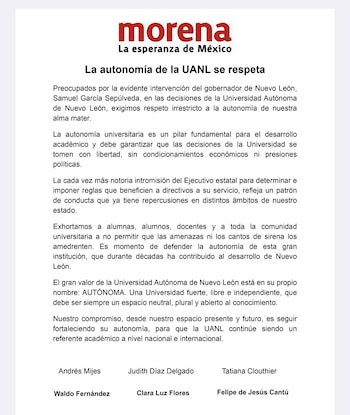Los aspirantes al gobierno de Nuevo León, por Morena, publicaron una carta sobre la situación de la UANL y su autonomía.
Crédito: X/ @tatclouthier